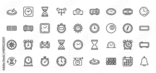 Time and measurement line icon set. Vector pictograms of digital clocks, analog clocks, stopwatches, hourglasses, sundials, compasses, and calendars, thin linear illustration.