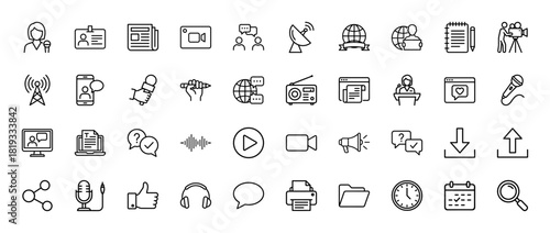 Media and communication line icon set. Vector pictograms of newspaper, reporter, microphone, camera, globe, smartphone, speech bubble, radio, document, and calendar, thin linear illustration.