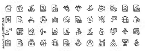 Finance and business line icon set. Vector pictograms of wallet, documents, house, coins, money bag, charts, credit card, and car, thin linear illustration.