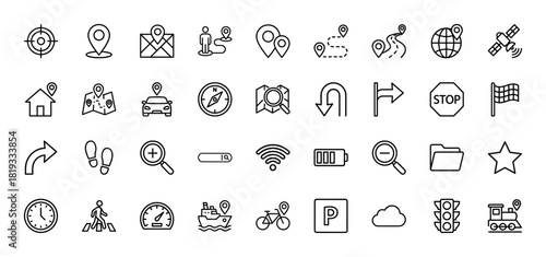 Navigation and location line icon set. Vector pictograms of location pins, maps, routes, compass, globe, car, pedestrian, airplane, and train, thin linear illustration.