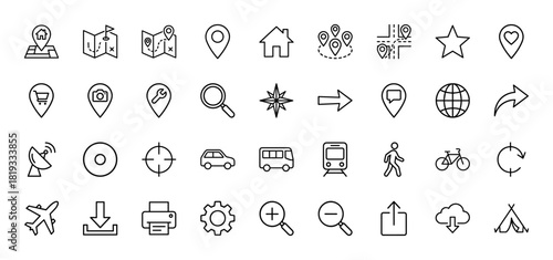 Maps, navigation, and travel line icon set. Vector pictograms of location pins, compass, vehicles, buildings, nature, and interface elements, thin linear illustration.