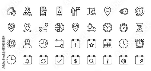 Location, time, and calendar line icon set. Vector pictograms of map markers, mobile navigation, diverse clocks, and various calendar date symbols, thin linear illustration.