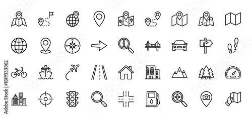 Navigation and travel line icon set. Vector pictograms of map pins, routes, globe, transport, urban infrastructure, and outdoor elements, thin linear illustration.