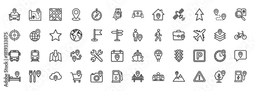 Mapping and location services line icon set. Vector pictograms of map, pin, car, phone, compass, globe, transport, hotel, gas, camera, bridge, thin linear illustration.