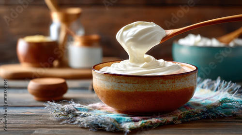 Creamy yogurt served in a rustic bowl with a wooden spoon, background features a cozy kitchen setting and assorted ingredients