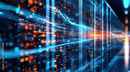 Dynamic flow of digital data streams moving across illuminated server racks in a modern data center corridor, idea for IT infrastructure presentations and advanced technology system concepts