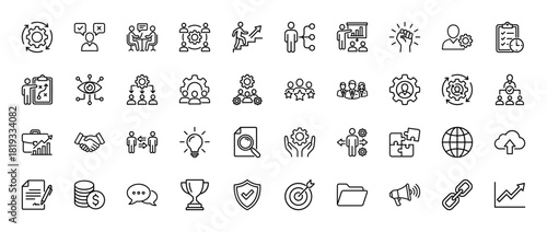 Business management line icon set. Vector pictograms of team collaboration, strategic planning, process optimization, corporate development, goal achievement, and growth, thin linear illustration.