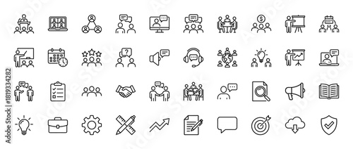 Business communication line icon set. Vector pictograms of meetings, presentations, global network, teamwork, strategy, ideas, schedule, and documents, thin linear illustration.