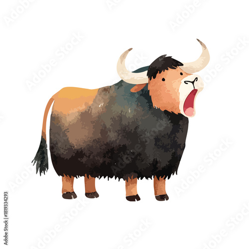 Cute Cartoon Yak Yawning Watercolor Illustration.