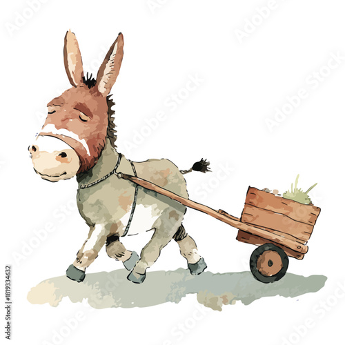 Cute Donkey Pulling Cart Watercolor Illustration.