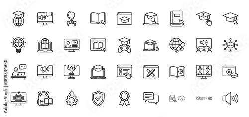E-learning line icon set. Vector pictograms of graduation cap, digital learning, online video, student, diploma, study, and academic tools, thin linear illustration.