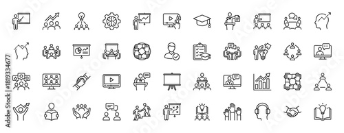 Learning and development line icon set. Vector pictograms of presentation, online education, strategy, teamwork, knowledge, and graduation, thin linear illustration.