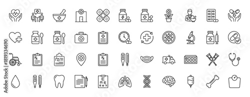 Medical line icon set. Vector pictograms of hospital, doctor, medicine, pharmacy, stethoscope, ambulance, DNA, and human organs, thin linear illustration.