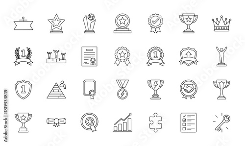 Awards and recognition line icon set. Vector pictograms of trophies, medals, certificates, badges, shields, crowns, podiums, targets, diplomas, and winners, thin linear illustration.