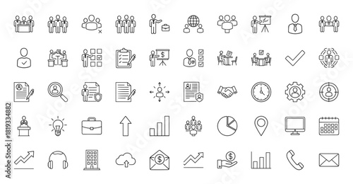 Business line icon set. Vector pictograms of people, team, presentation, documents, analytics, finance, growth, and communication, thin linear illustration.