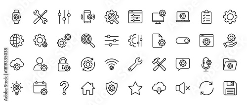 Settings and system administration line icon set. Vector pictograms of monitor, smartphone, wrench, controls, laptop, cloud, padlock, folder, and shield, thin linear illustration.