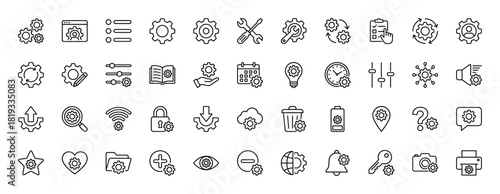 Settings and technology line icon set. Vector pictograms of gears, tools, sliders, cloud, search, calendar, lock, and globe, thin linear illustration.
