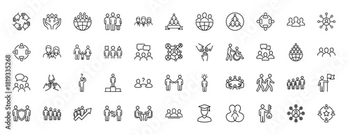 Community and people line icon set. Vector pictograms of team collaboration, social network, leadership, diversity, and human interactions, thin linear illustration.