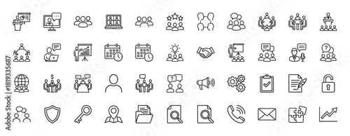 Business line icon set. Vector pictograms of presentations, team meetings, video calls, networking, planning, data, and security, thin linear illustration.