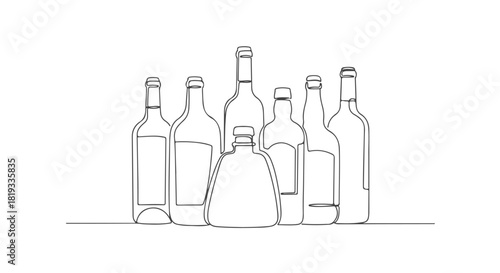 Modern minimalist continuous single line art drawing of a group of wine and liquor bottles, a sleek and elegant vector graphic a