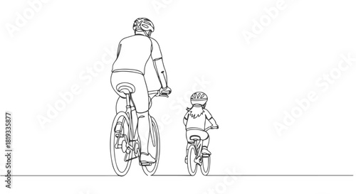 One continuous single line art drawing of a parent and child cycling together, illustrating family leisure and healthy lifestyle activities in a vector graphic style