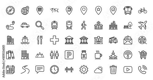 Navigation and city services line icon set. Vector pictograms of map pins, globe, car, airplane, train, hotel, restaurant, hospital, and shopping cart, thin linear illustration.
