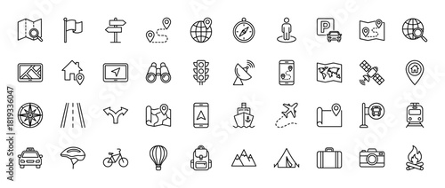 Navigation and travel line icon set. Vector pictograms of map, compass, globe, satellite, airplane, train, bicycle, taxi, backpack, and tent, thin linear illustration.