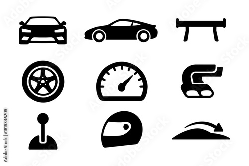 Racing icons collection: cars, speedometer, gear, helmet, steering wheel in silhouette style