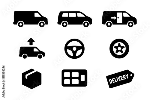 Silhouette transportation icons: delivery, van, steering wheel, and parcel symbols