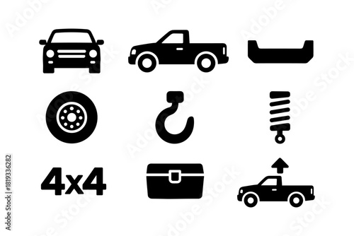 Off-road vehicle silhouettes: 4x4 components and accessories icon set