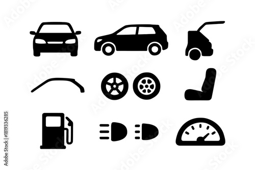 Car silhouette icons set: various automotive symbols for design projects