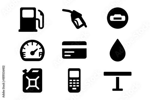 Essential fuel and transportation icons in minimalist black silhouette style