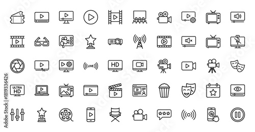 Cinema, video, and streaming media line icon set. Vector pictograms of audience, film strip, camera, play button, projector, 3D glasses, popcorn, and awards, thin linear illustration.