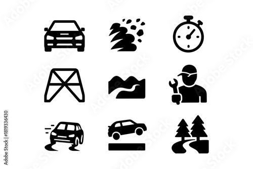 Car maintenance and road trip icons set: repair, speed, and adventure symbols