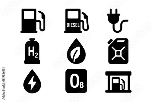 Energy icons set: fuel, diesel, electric, hydrogen, and eco-friendly symbols