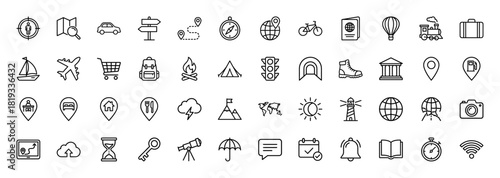 Travel and navigation line icon set. Vector pictograms of map, compass, airplane, car, train, tent, camera, globe, umbrella, and wifi, thin linear illustration.