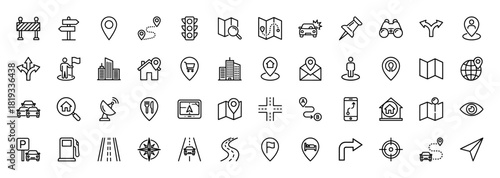Navigation and location icon set. Vector pictograms of map pins, routes, vehicles, signs, and landmarks, thin linear illustration.