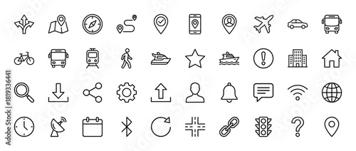 Navigation and interface line icon set. Vector pictograms of location, transport, communication, and general web elements, thin linear illustration.