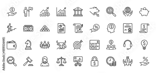 Finance line icon set. Vector pictograms of growth charts, bank, money stack, gold bars, piggy bank, contracts, wallets, bull market, scales, and rockets, thin linear illustration.