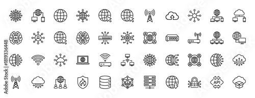 Technology line icon set. Vector pictograms of global network, cloud computing, artificial intelligence, server, database, and cybersecurity, thin linear illustration.