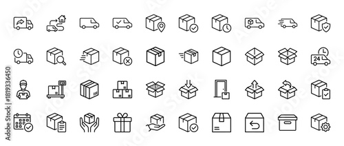 Logistics and delivery line icon set. Vector pictograms of shipping trucks, packages, open boxes, courier, scale, and calendar, thin linear illustration.