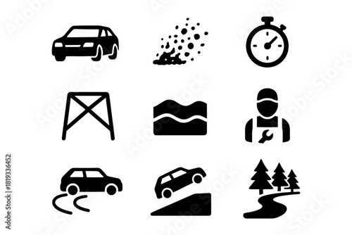Car maintenance silhouette icons: tools, roads, and mechanic elements set