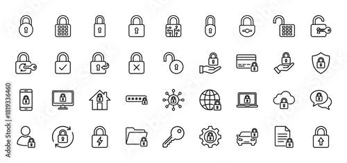 Cybersecurity and data protection line icon set. Vector pictograms of padlocks, shields, smartphones, monitors, clouds, laptops, documents, cars, and keys, thin linear illustration.