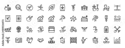 Sustainable agriculture and smart farming line icon set. Vector pictograms of plants, seeds, farmer, drone, tractor, produce, watering, and growth, thin linear illustration.