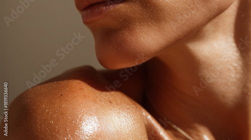 Smooth skin texture glowing under warm sunlight, close up of lower face, neck, and shoulder with visible pores and natural shine, healthy and hydrated appearance