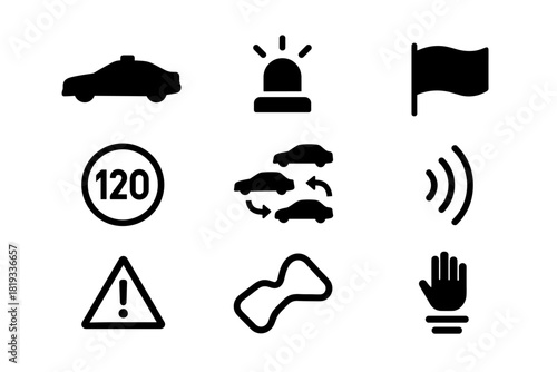 Traffic safety icons set featuring symbols for speed, alerts, and warnings in minimalistic style