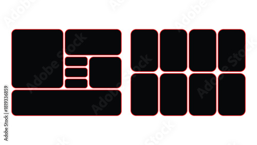 Abstract composition of black rectangles and squares with rounded corners on a light pink background for design