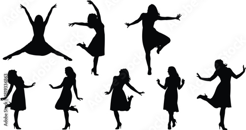 Dance silhouette sequence, female figure in motion, expressive poses, high heels, black on white, dynamic movement, fashion gesture, performance art, elegance icon