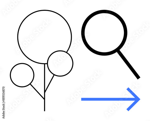 Minimalist tree diagram transitioning to magnifying glass and blue arrow. Ideal for growth, research, progress, discovery, focus shift, innovation, direction. Simple flat metaphor