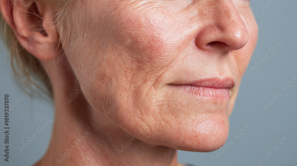 Obraz premium Close up of mature woman face showing jawline skin texture, fine lines, wrinkles, mild redness, and natural aging, with soft lighting and neutral background